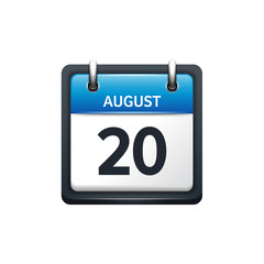 August 20. Calendar icon.Vector illustration,flat style.Month and date.Sunday,Monday,Tuesday,Wednesday,Thursday,Friday,Saturday.Week,weekend,red letter day. 2017,2018 year.Holidays.