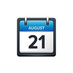 August 21. Calendar icon.Vector illustration,flat style.Month and date.Sunday,Monday,Tuesday,Wednesday,Thursday,Friday,Saturday.Week,weekend,red letter day. 2017,2018 year.Holidays.