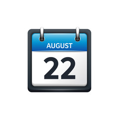 August 22. Calendar icon.Vector illustration,flat style.Month and date.Sunday,Monday,Tuesday,Wednesday,Thursday,Friday,Saturday.Week,weekend,red letter day. 2017,2018 year.Holidays.