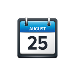 August 25. Calendar icon.Vector illustration,flat style.Month and date.Sunday,Monday,Tuesday,Wednesday,Thursday,Friday,Saturday.Week,weekend,red letter day. 2017,2018 year.Holidays.
