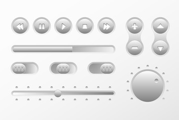 Gray Web UI UX Music Elements Design set: Buttons, Switchers, Slider, loader on light background. Audio bar interface. Player buttons. Ui Ux music interface. Cicrle style buttons. Music controls