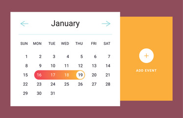 Calendar UI UX element. Calendar widget event. Vector illustration. Calendar daily template in flat style. Orange color.