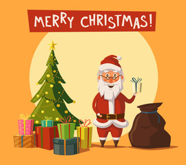 Fototapeta na wymiar Funny Santa Claus and Christmas tree. Cartoon vector illustration