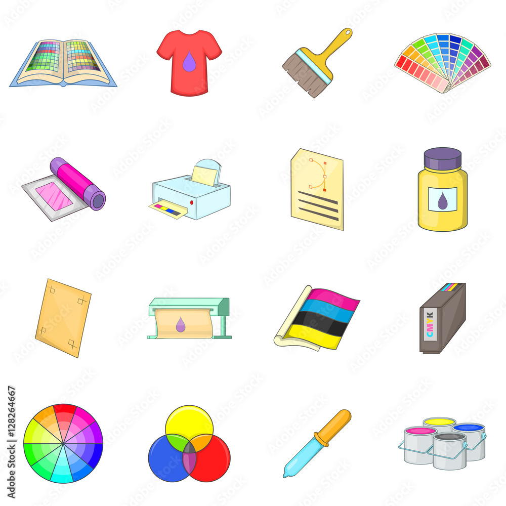 Poster print process icons set. cartoon illustration of 16 print process vector icons for web
