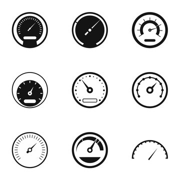 Types of speedometers icons set. Simple illustration of 9 types of speedometers vector icons for web
