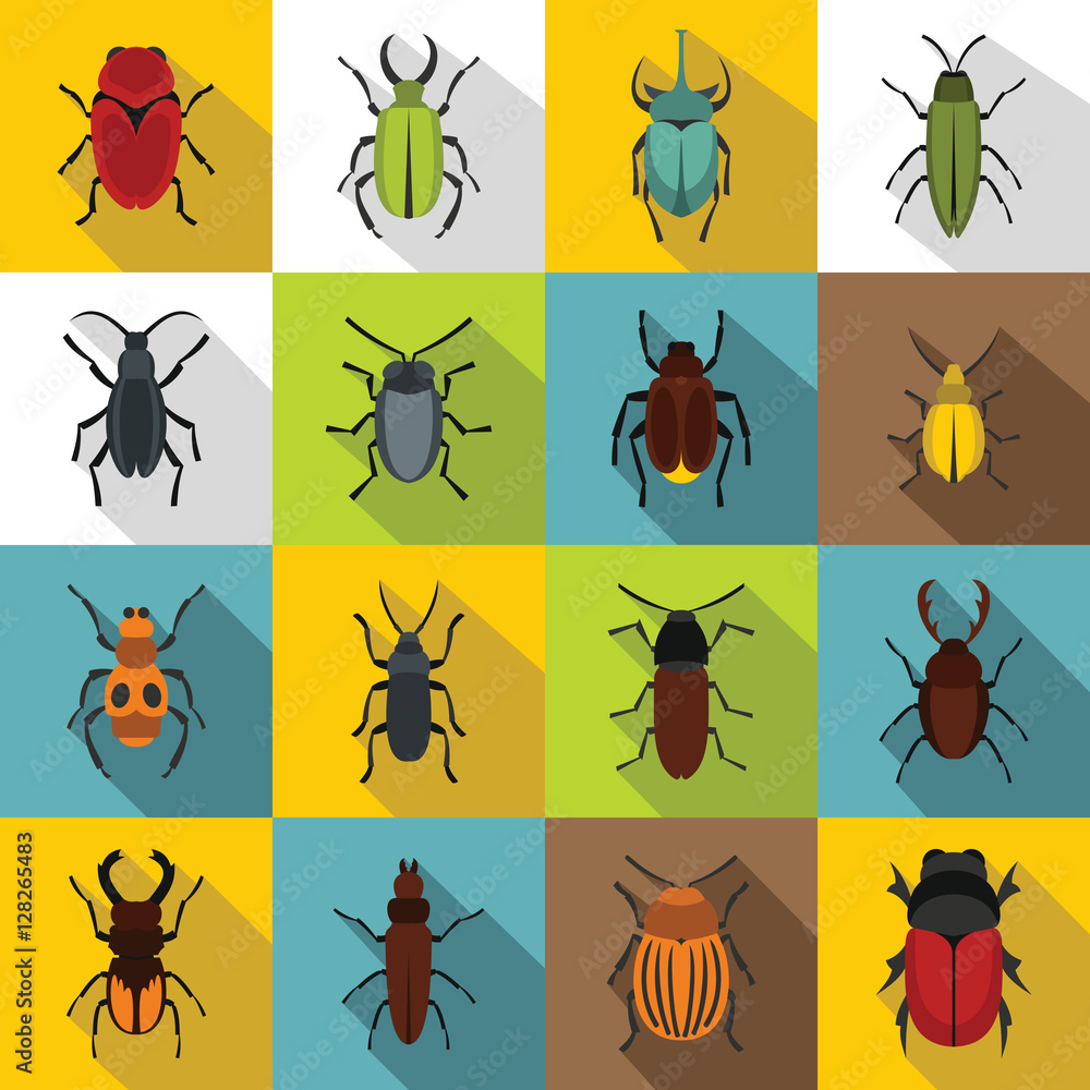 Poster bugs icons set. flat illustration of 16 bugs vector icons for web