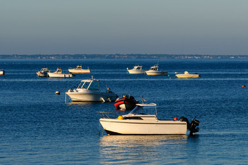 Obraz premium boats parked on water in the morning waiting for their owner to part with them on the seq