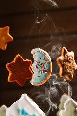 winter landscape with houses of cookies and Christmas trees moon stars