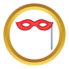 Red carnival mask vector icon in golden circle, cartoon style isolated on white background