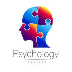 Modern head puzzle logo of Psychology. Profile Human. Creative style. Logotype in vector. Design concept. Brand company. Blue color isolated on white background. Symbol for web, print, card, flyer.