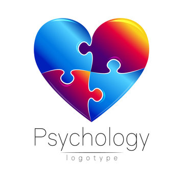 Modern logo of Psychology. Puzzle heart. . Creative style. Logotype in vector. Design concept. Brand company. Blue and grief red color on white background. Symbol for web, print, card, flyer.