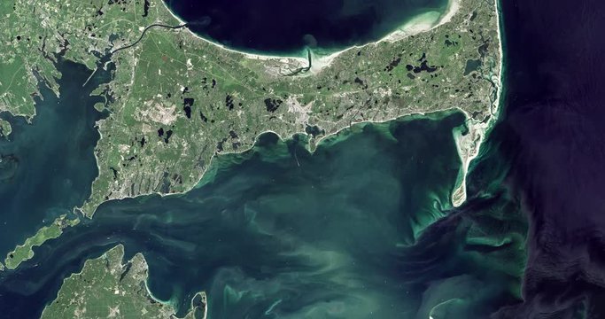 High-altitude overflight aerial of greater Cape Cod, Massachusetts. Clip loops and is reversible. Elements of this image furnished by NASA 