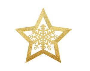 Golden Christmas starwith snowflake isolated on white background