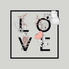 Flowers typography poster design, text and florals combined, word love