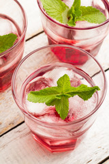 glasses with red juice with ice and mint