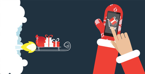 Presents on the rocket sled. Fast shipping concept of e-commerce trade. Vector illustrtaion