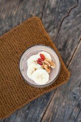 Chocolate pana cota with banana and goji berry