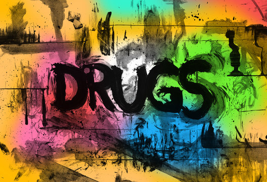Drug abuse and intoxication - negative grungy text with bright psychedelic colors in the background. Hallucinogenic experience after consumption of dose