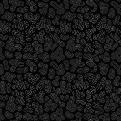 Vector monochrome seamless pattern, thin curved lines, simple liquid figures, white contour shapes on black background. Abstract repeat texture. Design element for prints, decoration, textile, cover