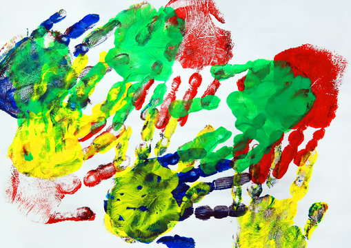 Painting with colorful kids hand prints