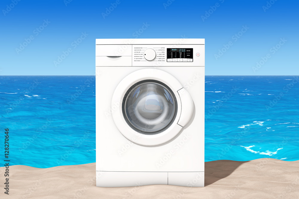 Aufkleber modern washing machine in front of ocean. 3d rendering