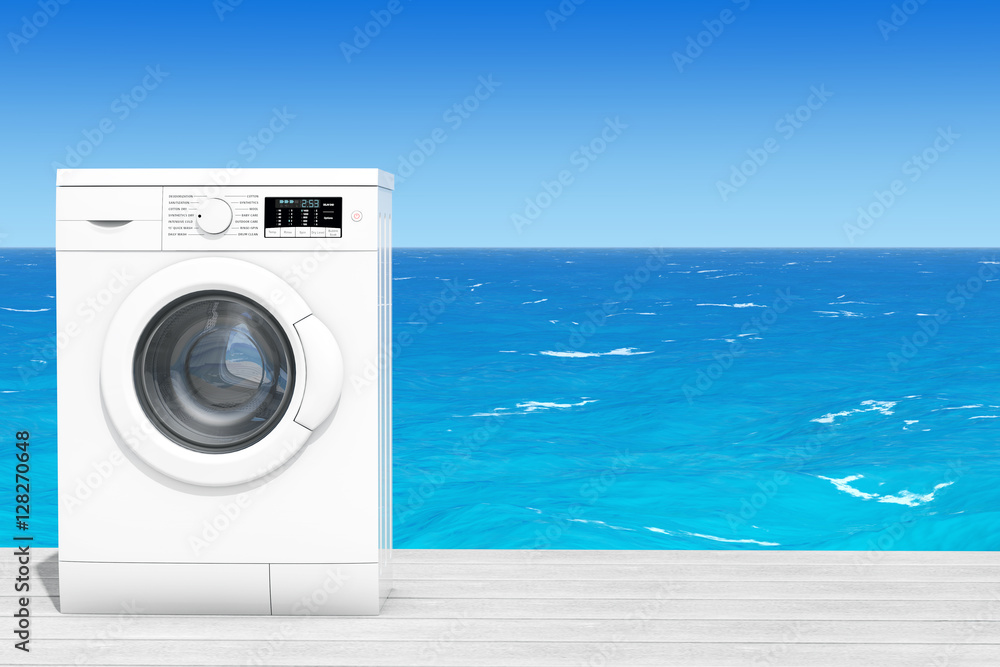 Aufkleber Modern Washing Machine in front of Ocean. 3d Rendering