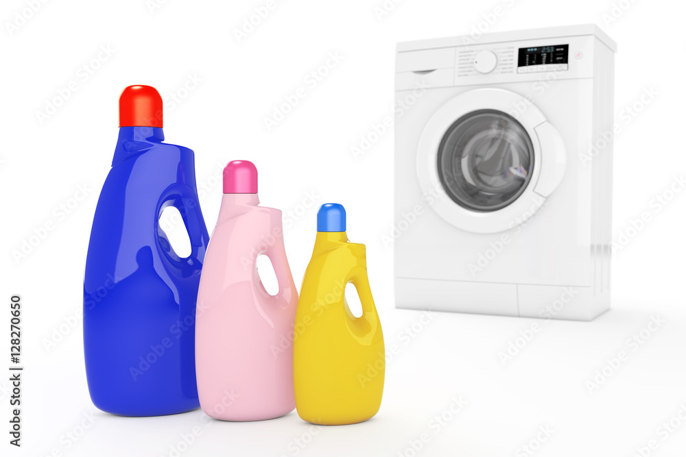 Poster Modern Washing Machine with Colour Detergent Bottles. 3d Renderi