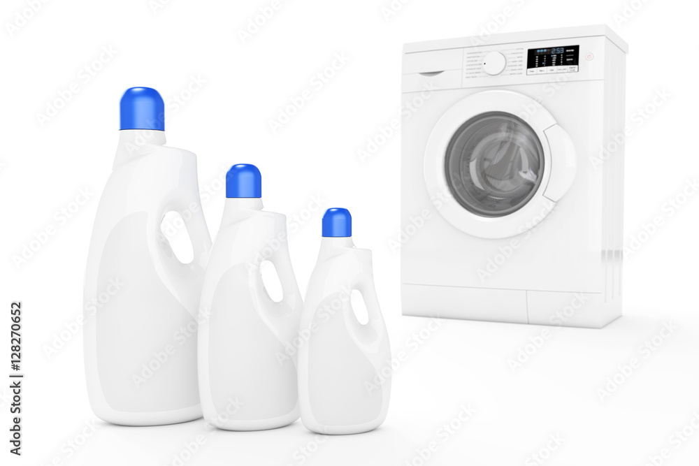 Poster Modern Washing Machine with Blank Detergent Bottles. 3d Renderin