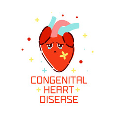 Congenital heart disease awareness poster with sad cartoon heart on white background. Human body organs anatomy icon. Medical concept. Vector illustration.