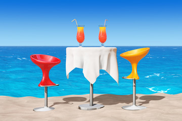 Bar Modern  Stools near Table with Red Tropical Cocktails on the