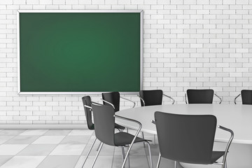 Blank Chalkboard, Table and Chairs in Meeting Room. 3d Rendering