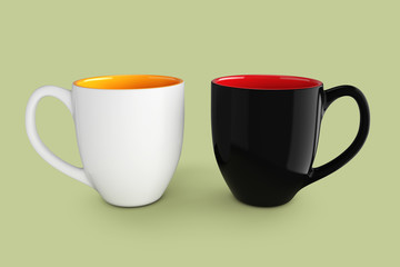 Empty Blank Black and White Mugs for Coffee or Tea. 3d Rendering