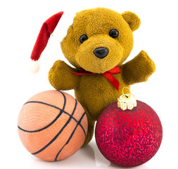 Teddy bear with red  Christmas balls and basketball ball/Christm