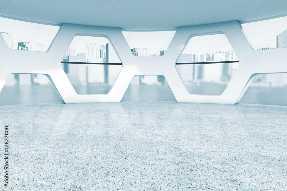 Poster bright empty office abstract interior in blue key. 3d rendering