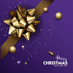 Elegant Merry Christmas or Happy New Year background with gold bow.