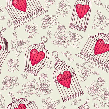 Seamless pattern with flowers and bird cages. Roses and hearts
