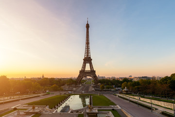 Sunrise in Eiffel Tower in Paris, France. Eiffel Tower is famous