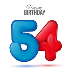 fifty four birthday greeting card template with 3d shiny number fifty one balloon on white background. Birthday party greeting, invitation card, banner with number 54shaped balloon