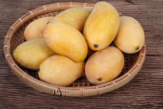 Golden ripe mangoes in basket on sale