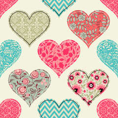 Fototapeta na wymiar Seamless of hearts with different patterns. Patchwork