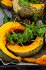 Baked pumpkin with mushrooms and spinach
