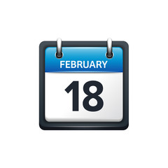 February 18. Calendar icon.Vector illustration,flat style.Month and date.Sunday,Monday,Tuesday,Wednesday,Thursday,Friday,Saturday.Week,weekend,red letter day. 2017,2018 year.Holidays.
