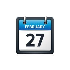 February 27. Calendar icon.Vector illustration,flat style.Month and date.Sunday,Monday,Tuesday,Wednesday,Thursday,Friday,Saturday.Week,weekend,red letter day. 2017,2018 year.Holidays.