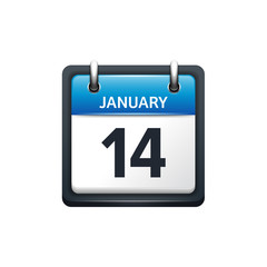 January 14. Calendar icon.Vector illustration,flat style.Month and date.Sunday,Monday,Tuesday,Wednesday,Thursday,Friday,Saturday.Week,weekend,red letter day. 2017,2018 year.Holidays.