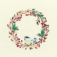 Watercolor Christmas wreath on watercolor paper (hand drawn)