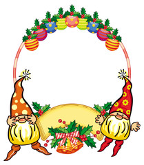 Round holiday frame with little gnomes and Christmas ornament. Copy space.