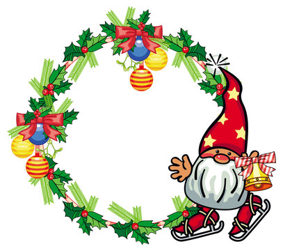 Round holiday frame with little gnome and Christmas ornament. Copy space.