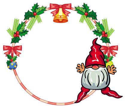 Round holiday frame with little gnome and Christmas ornament. Copy space.