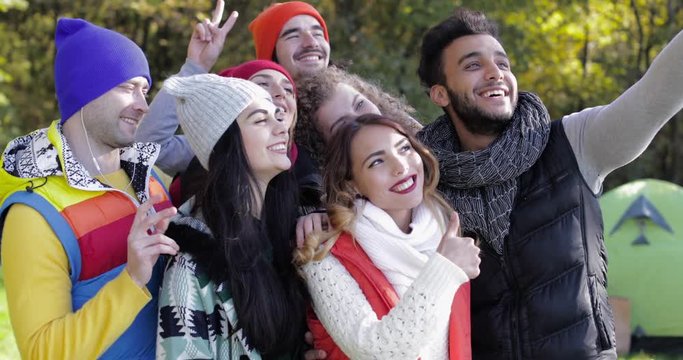 Young People Group Taking Selfie Photo On Walk In Autumn Forest, Mix Race Friends Outdoor Woods Slow Motion 60