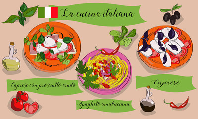 Vetcor menu of Italian dishes. Caprese, caprese con prosciutto crudo, spaghetti amatriciana. La cucina italiana.
